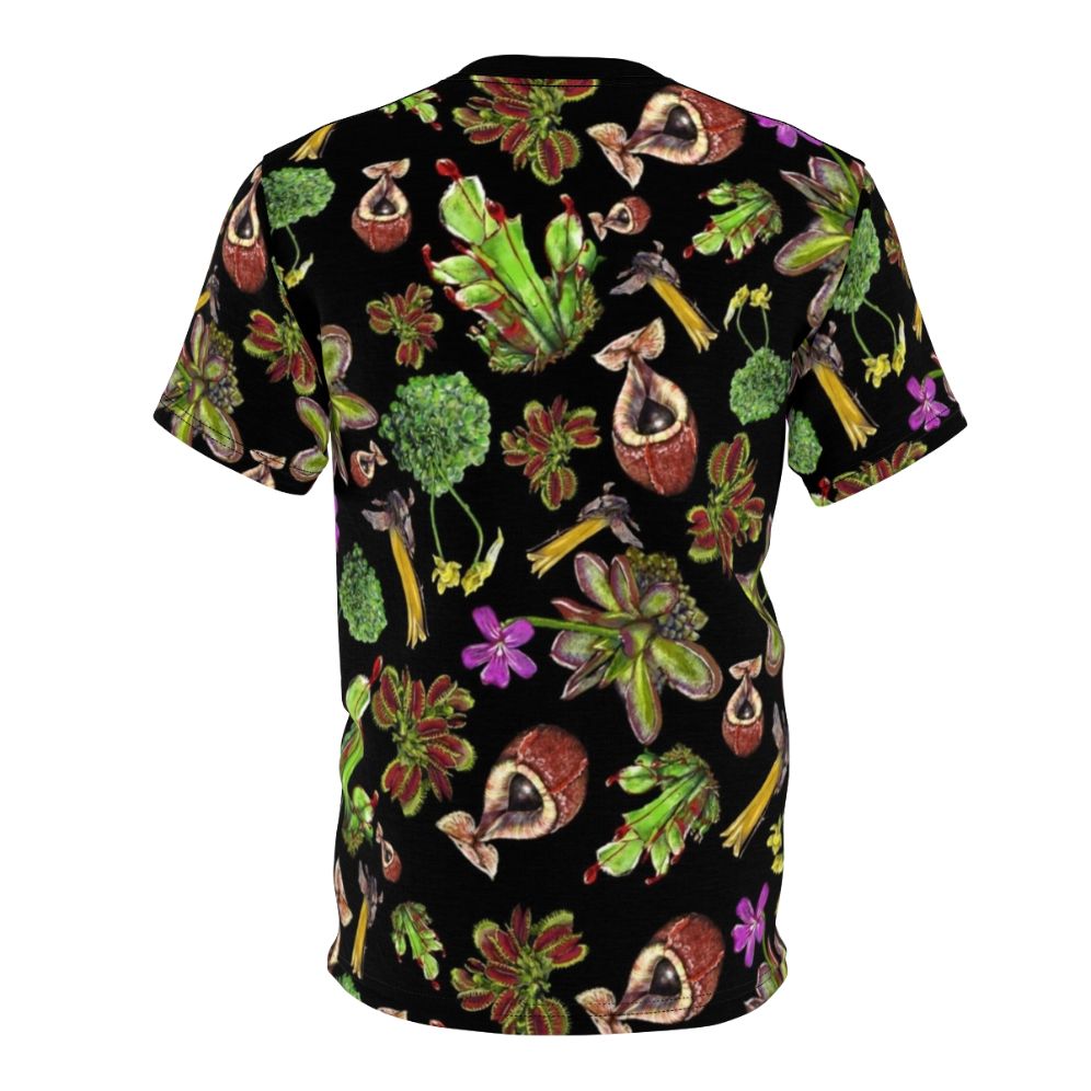 Alluring carnivorous plants printed on a black t-shirt, featuring a nature-inspired pattern. - Back