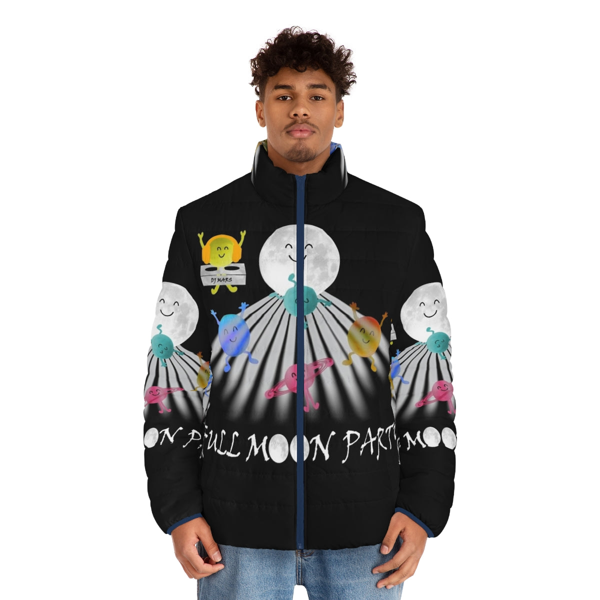 Colorful full moon party puffer jacket with space and dancing motifs - men front