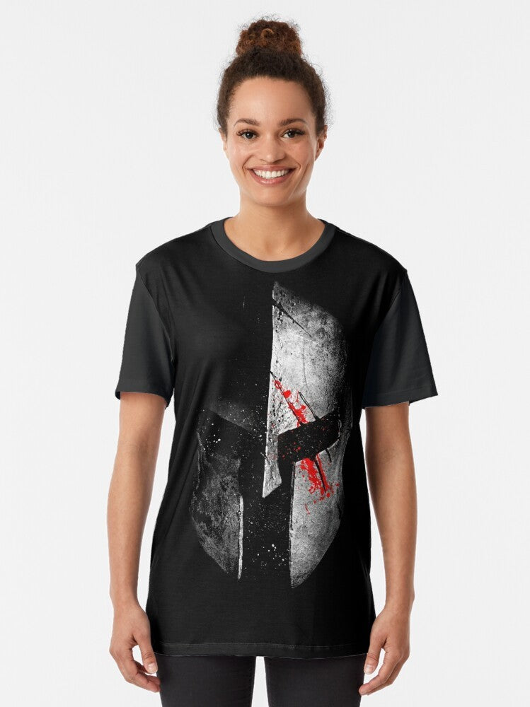 Spartan warrior graphic t-shirt featuring dark art, helmet, and bloody design - Women