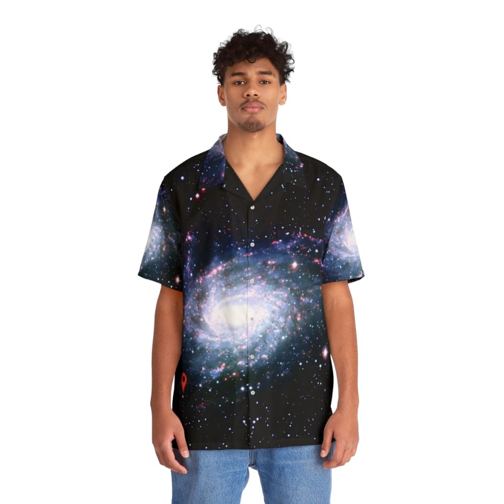 Galactic Location Hawaiian Shirt featuring a cosmic print of stars, planets, and the Milky Way - People Front