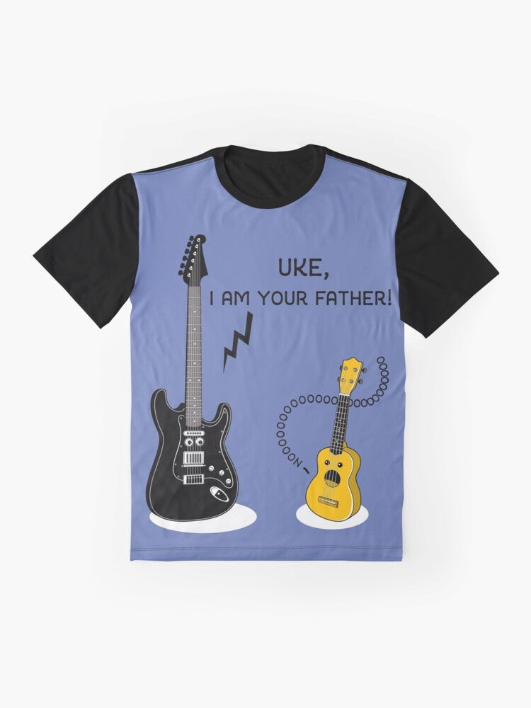 Graphic t-shirt with text "Uke, I am your Father!" and a ukulele design - Flat lay