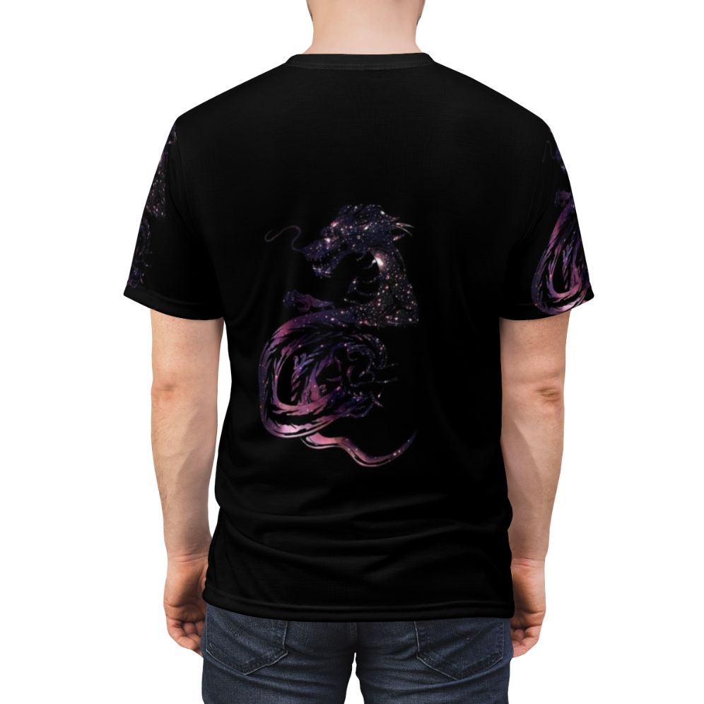 Cosmic dragon mythological creature design on an all-over print t-shirt - men back