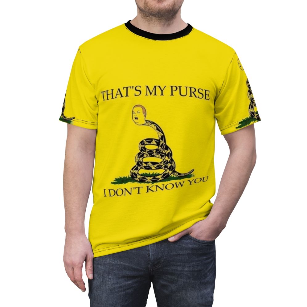 Man wearing a funny "That's My Purse, I Don't Know You" AOP t-shirt - men front