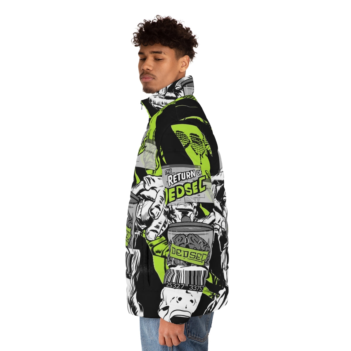 Dedsec logo printed puffer jacket with video game inspired pop art design - men side left