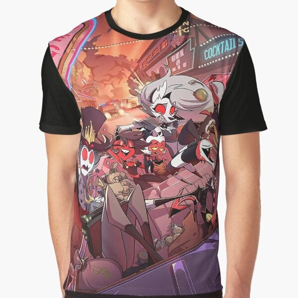 Helluva Boss Graphic T-Shirt featuring Loona, Blitzo, and other characters from the Vivziepop cartoon series Hazbin Hotel