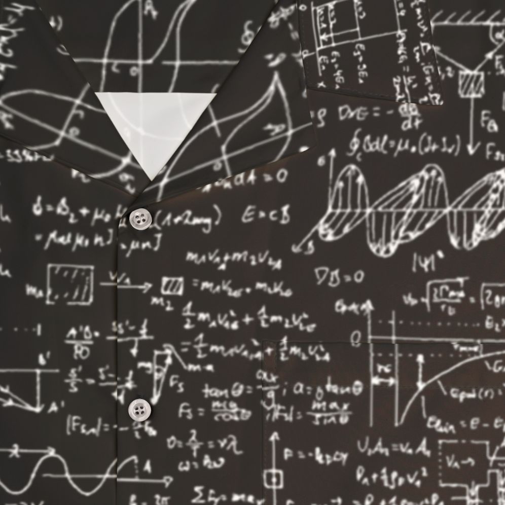 Geometric physics equations printed on a black Hawaiian shirt - Detail