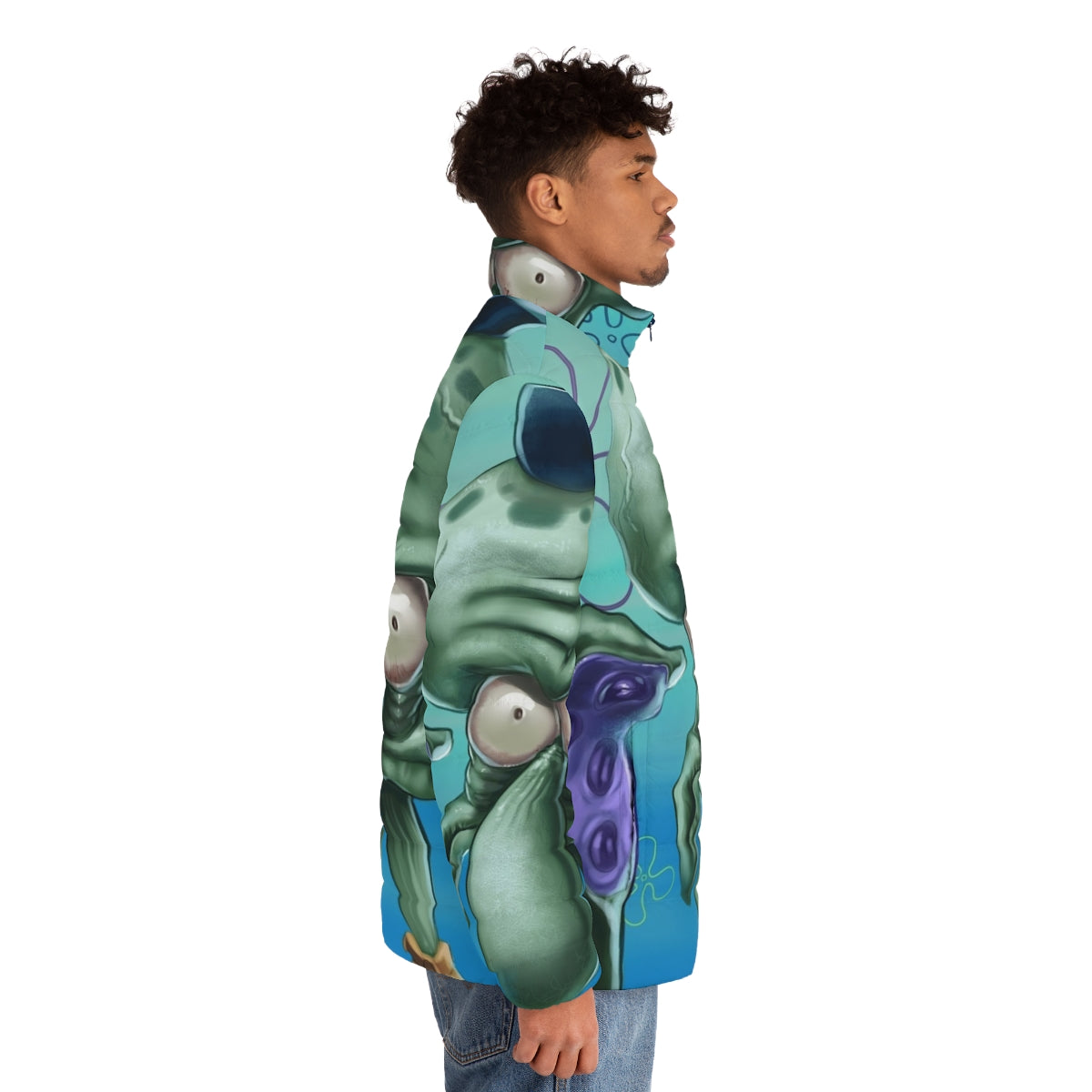 Spongebob-inspired puffer jacket with a "Look At Me" design - men side right