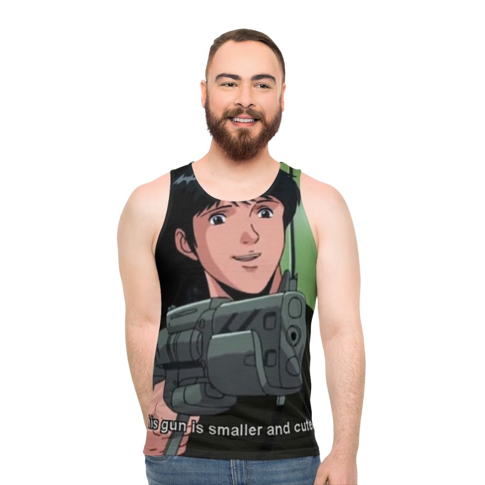 Unisex Anime-Inspired Military Tank Top with Gun Meme - men