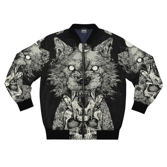 Edgy gothic-inspired black bomber jacket with skull and werewolf design