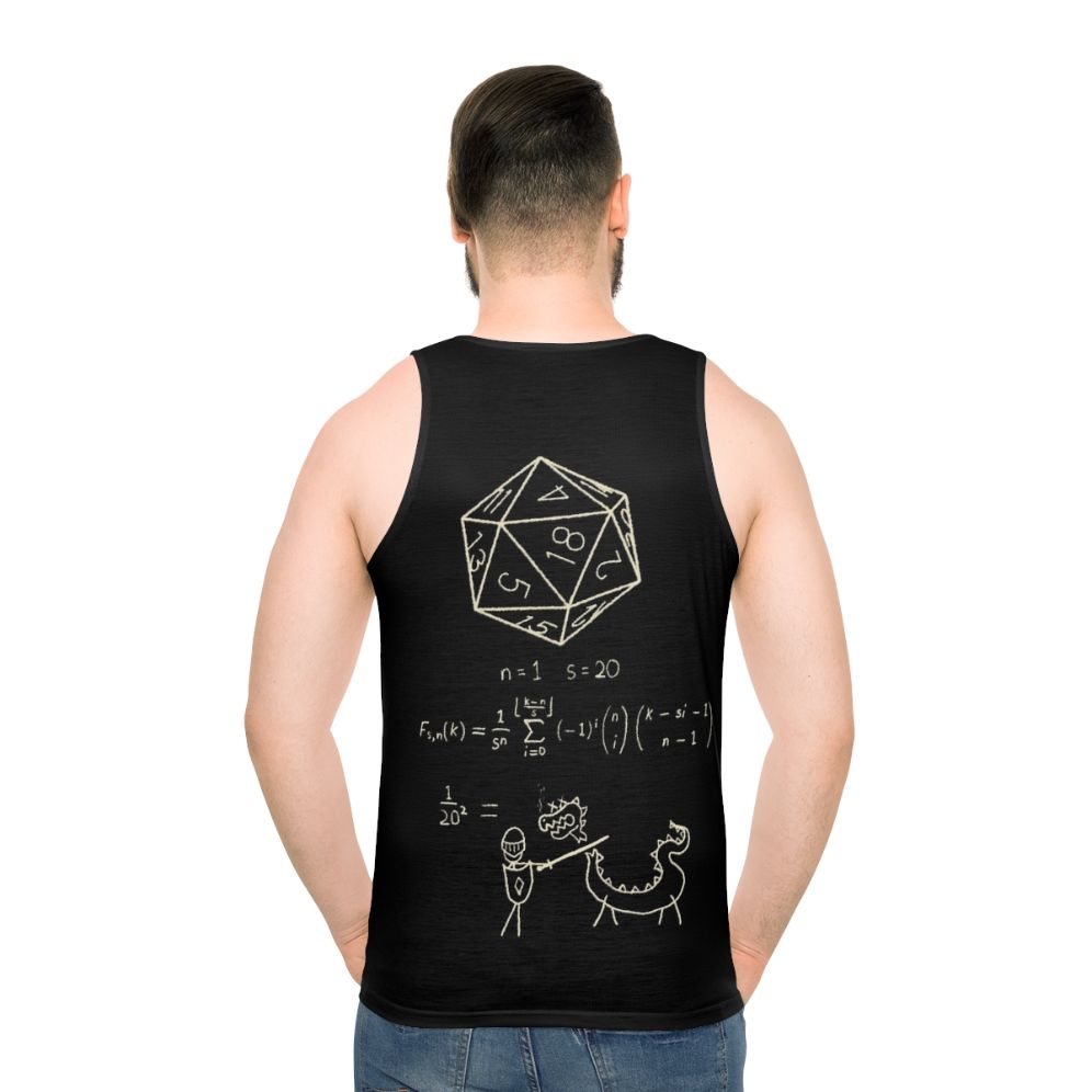 Unisex tank top featuring the science of 20-sided dice - men back