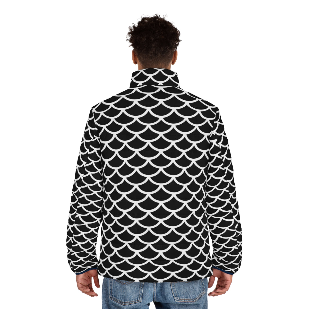 Black and white puffer jacket with a geometric fish scale pattern design - men back