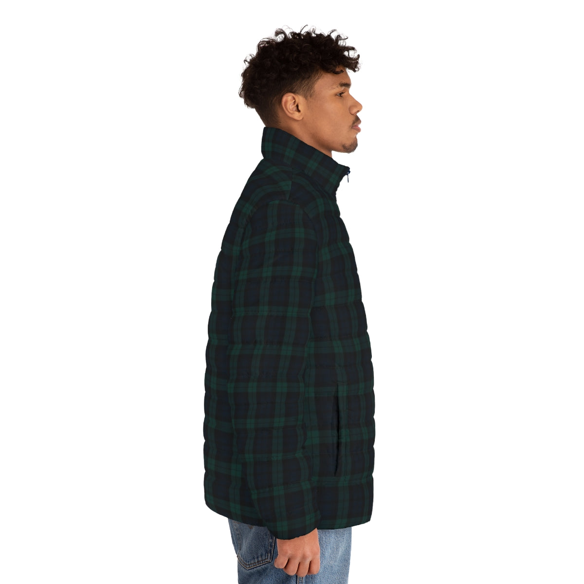 Green and blue tartan plaid puffer jacket - men side right