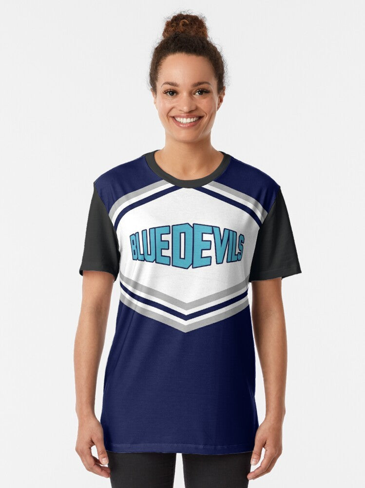 Wynonna Earp "Blue Devils" Graphic T-Shirt featuring Waverly Earp in a cheerleading outfit - Women