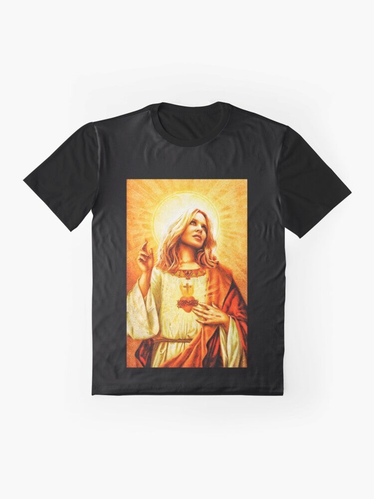 A colorful graphic t-shirt featuring Kylie Minogue, the iconic pop music diva. - Flat lay