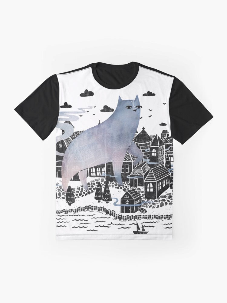 Fog graphic t-shirt with watercolor landscape inspired by Carl Sandburg's poetry - Flat lay