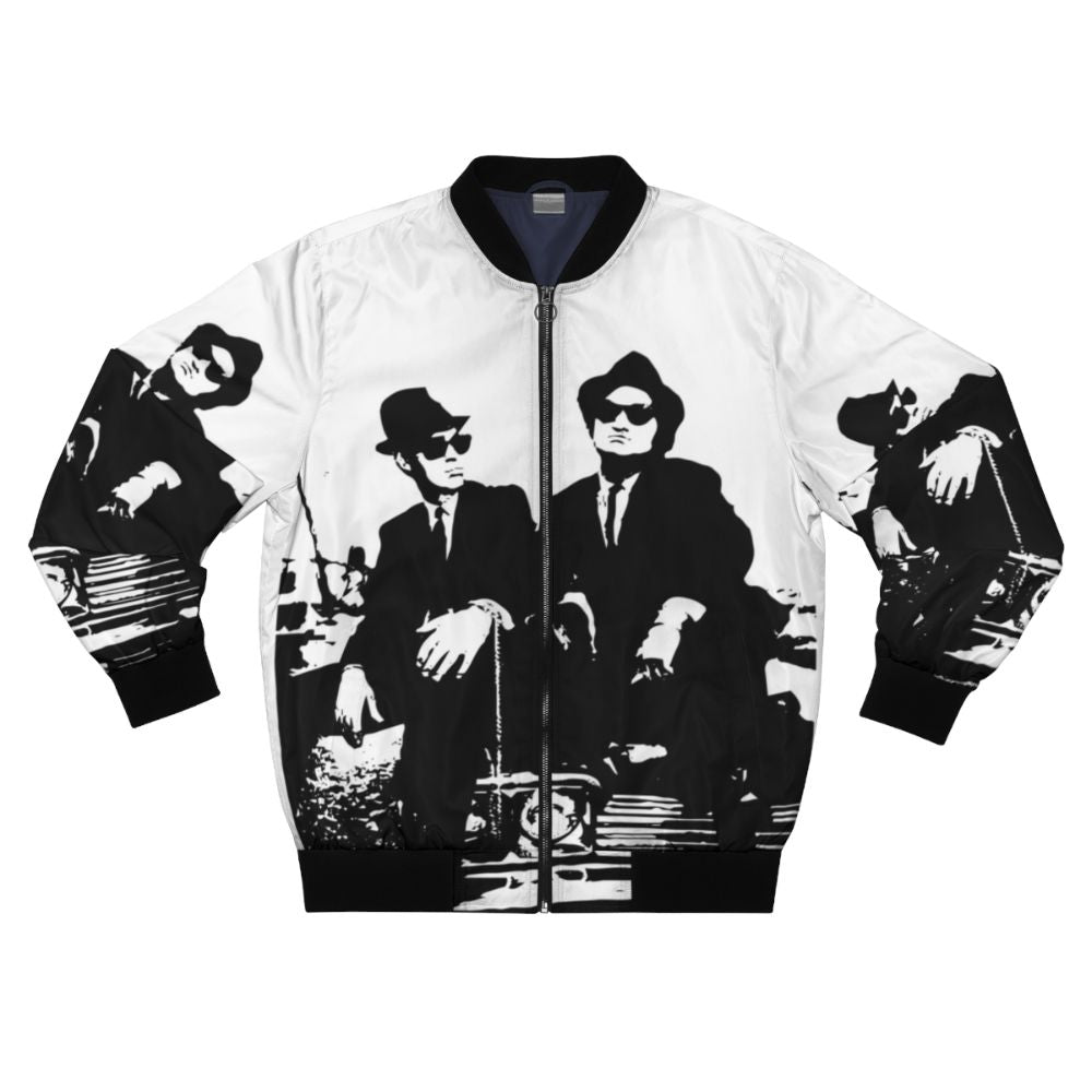 Vintage-style bomber jacket inspired by the Blues Brothers movie, featuring the iconic look