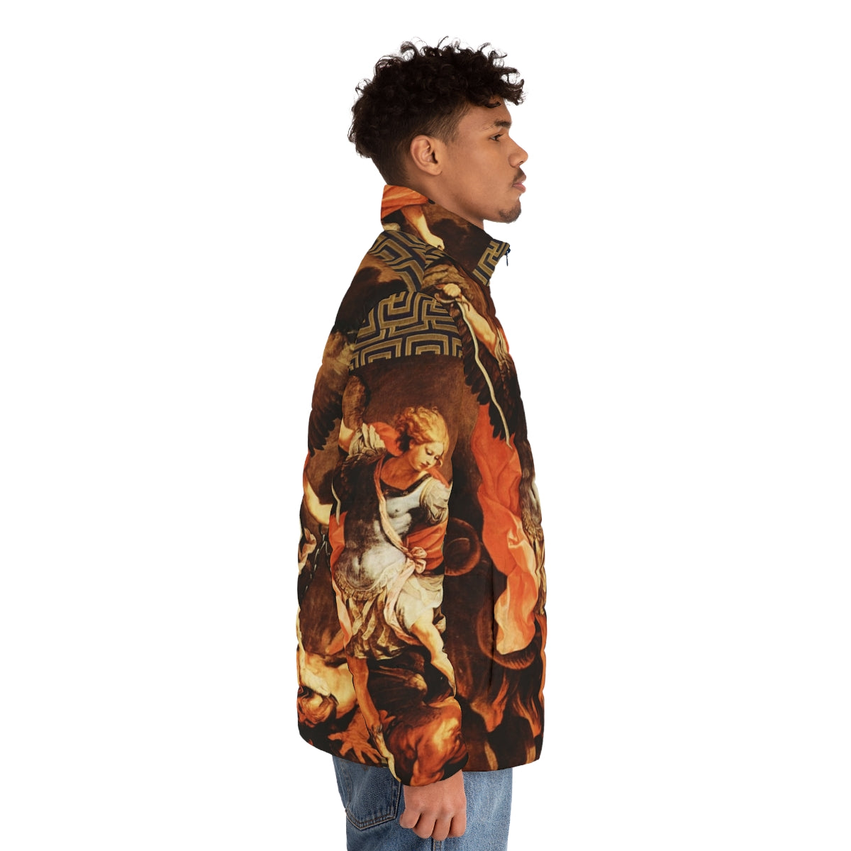 St Michael Archangel puffer jacket with vibrant religious artwork - men side right