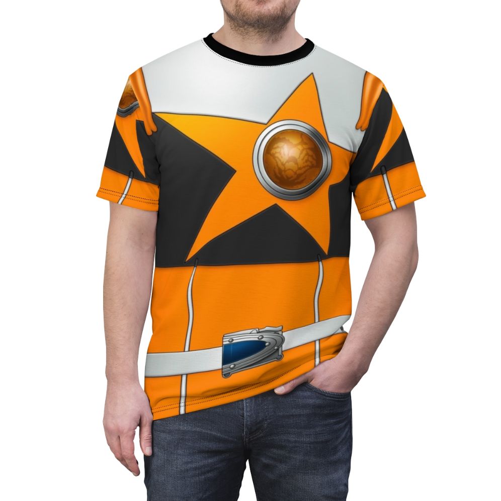 Stylized orange scorpion and galaxy design t-shirt inspired by the Japanese superhero TV series Kyuranger - men front