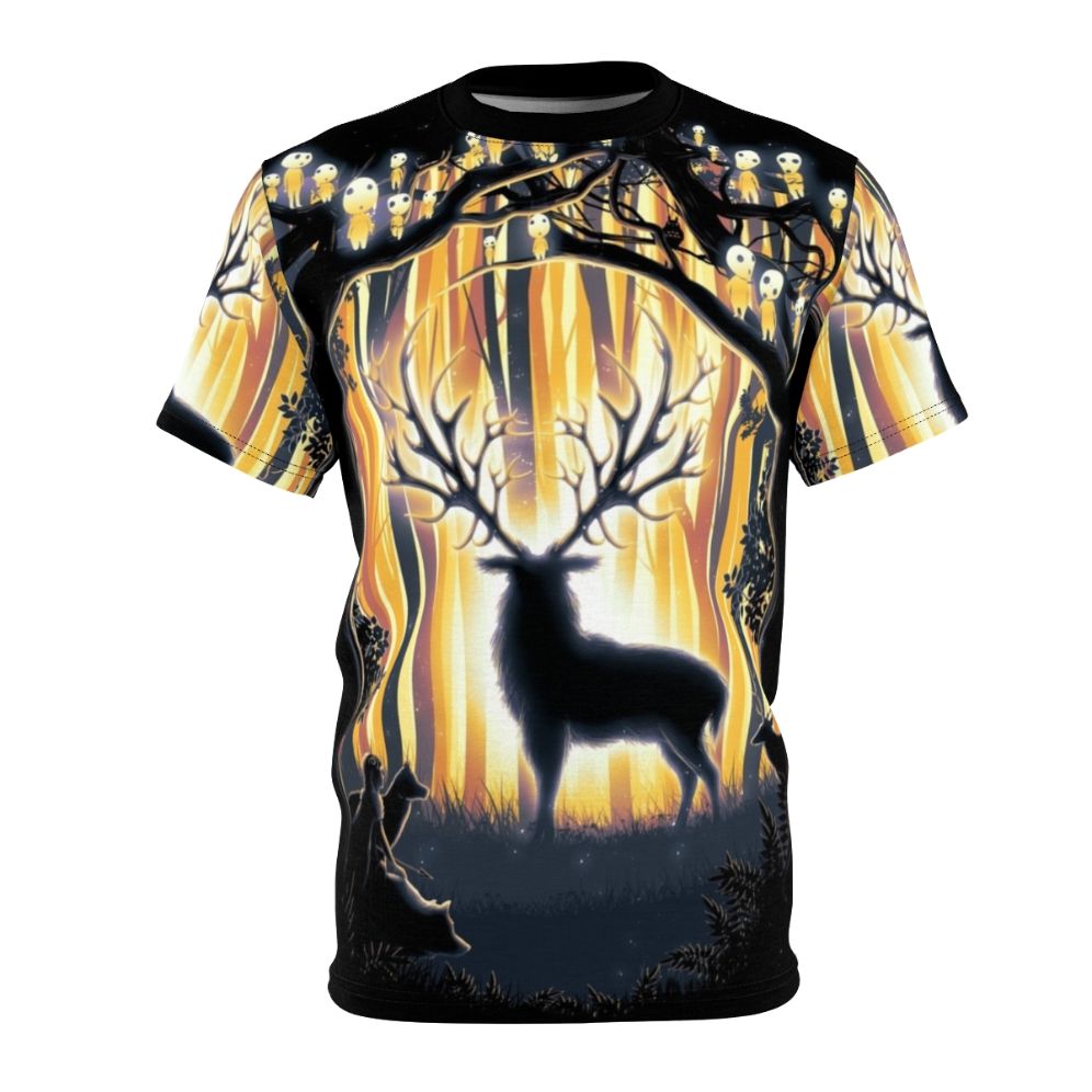 Minimalist design of a deer spirit silhouette in a forest setting