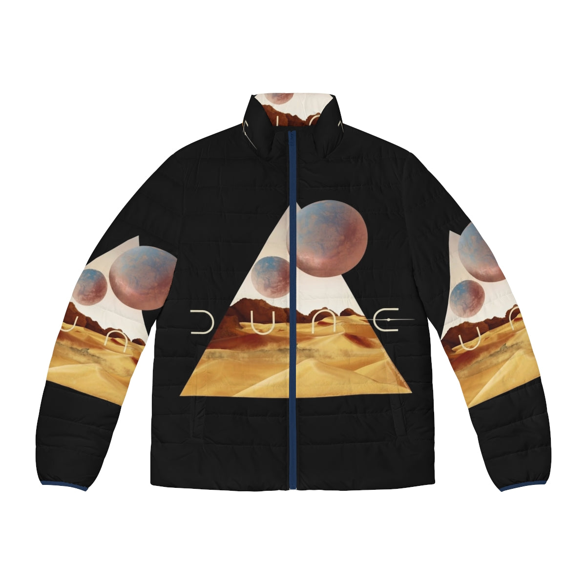 Dune-inspired puffer jacket featuring a sandworm design