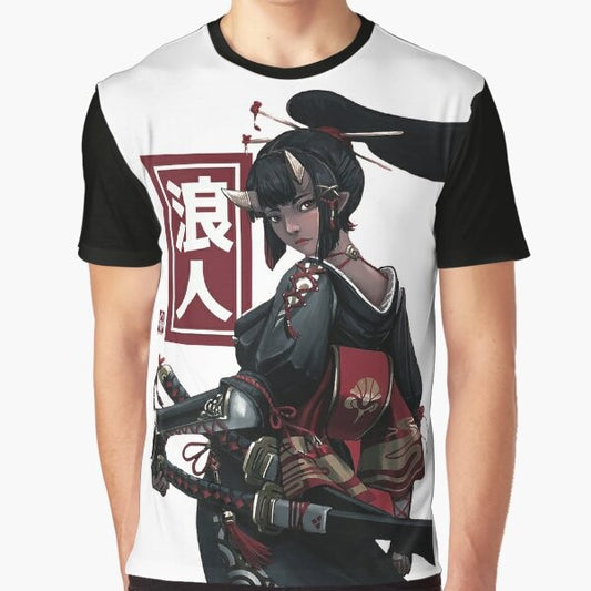 Cyberpunk-inspired graphic t-shirt featuring a Japanese ninja, samurai, and geisha girl in a vaporwave, synthwave, and retrowave style.