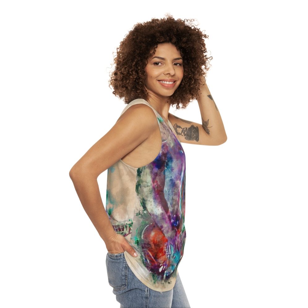 Vibrant guitar boy unisex tank top with watercolor art design - women side