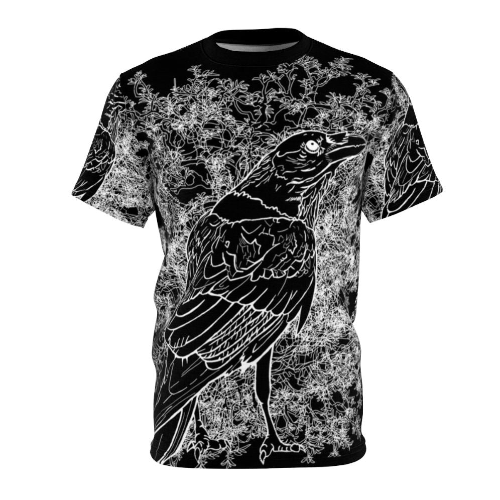 Stylish t-shirt featuring a bold raven graphic in a dark, gothic design.