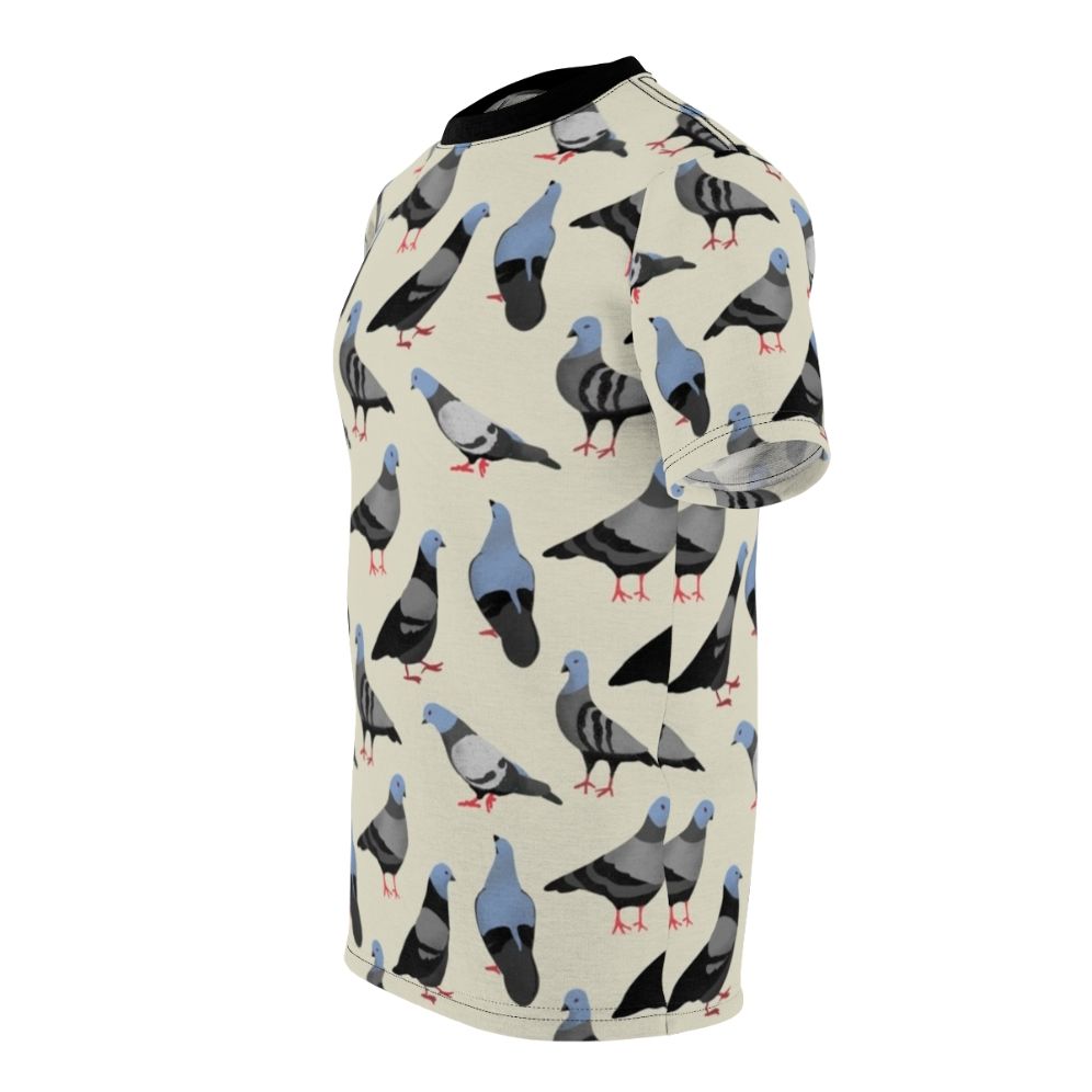 Colorful graphic illustration of pigeons on an all-over-print t-shirt design - men left