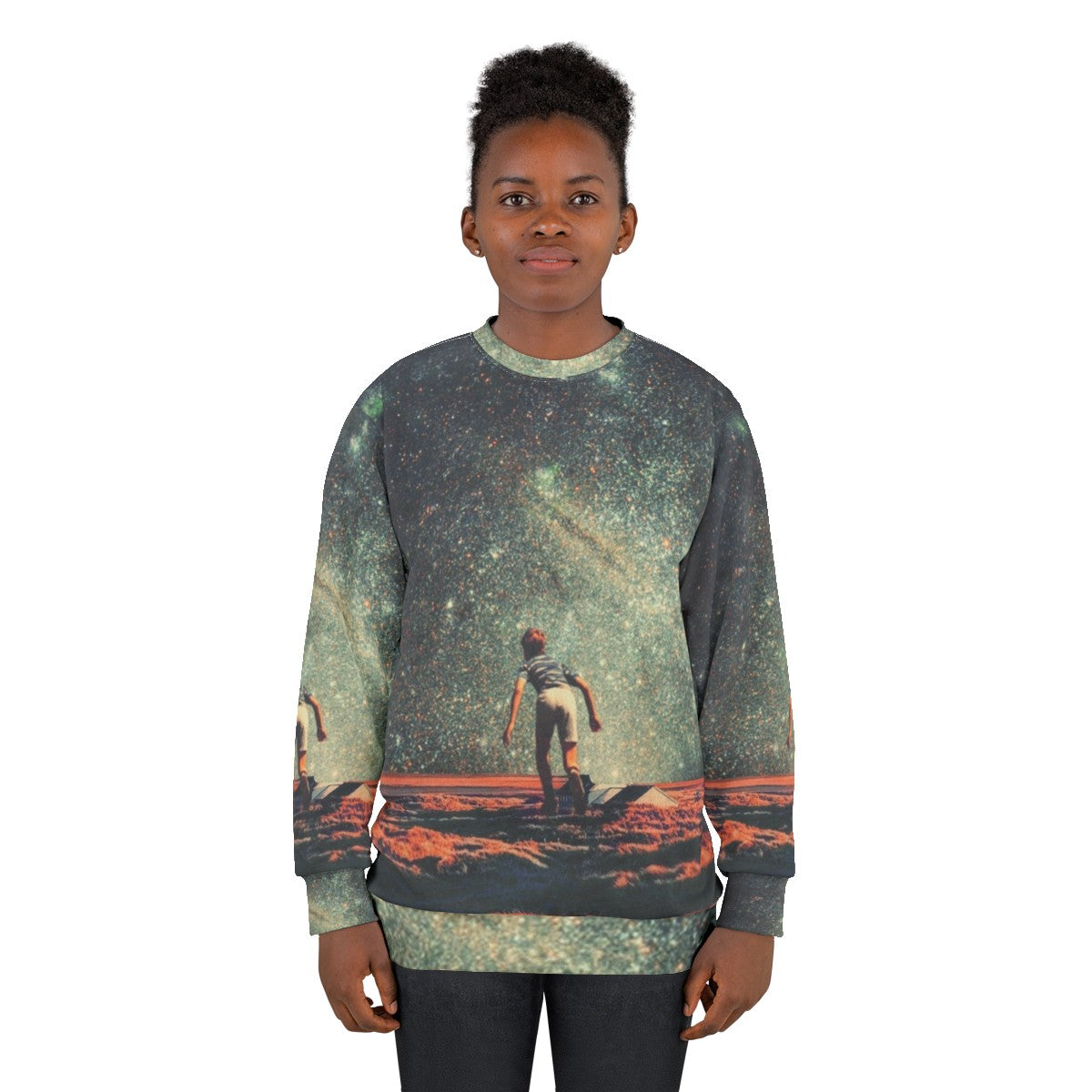 Nostalgia vintage graphic sweatshirt featuring a colorful collage design with space, stars, and retro elements - women