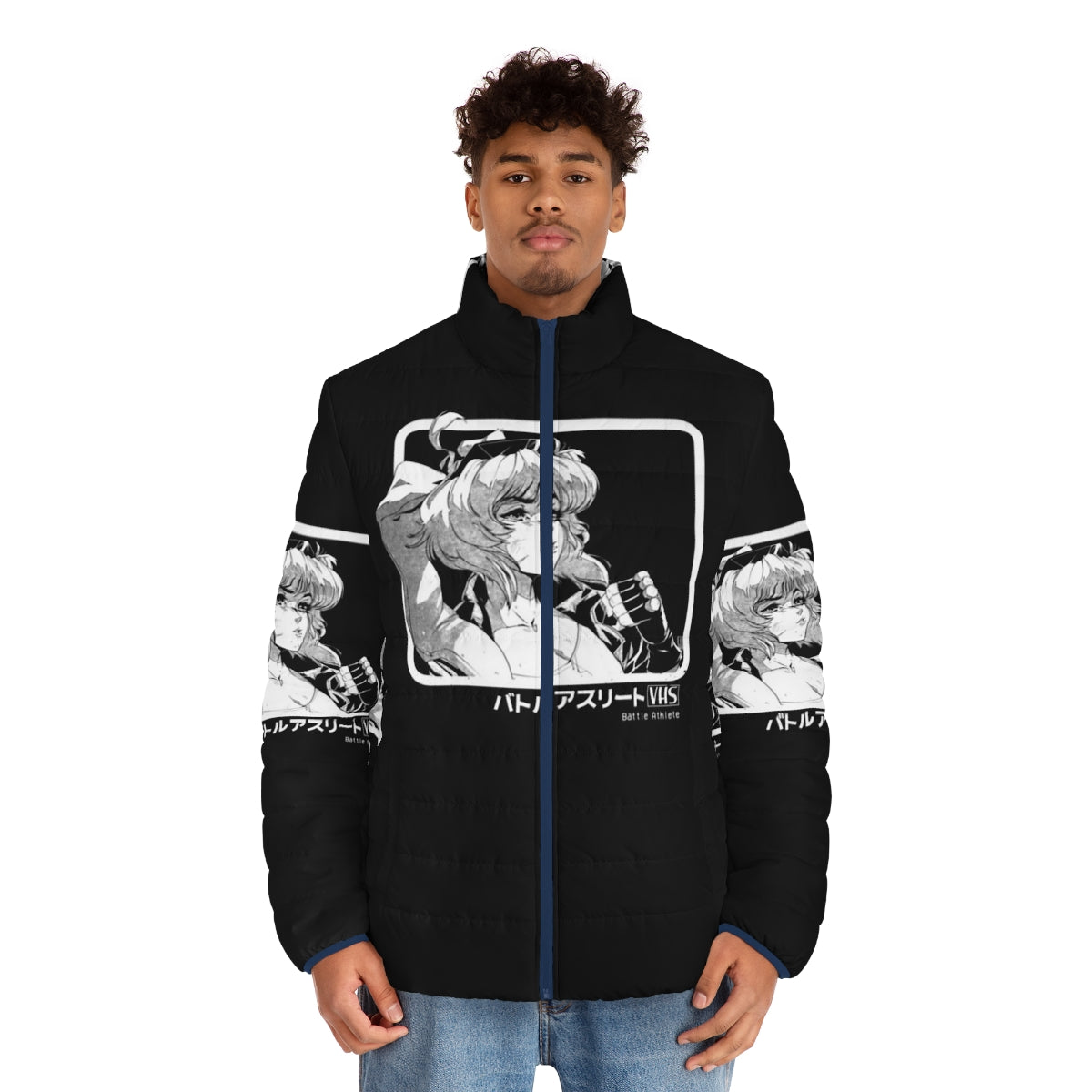 Retro Puffer Jacket with Anime and Video Game Inspired Design - men front