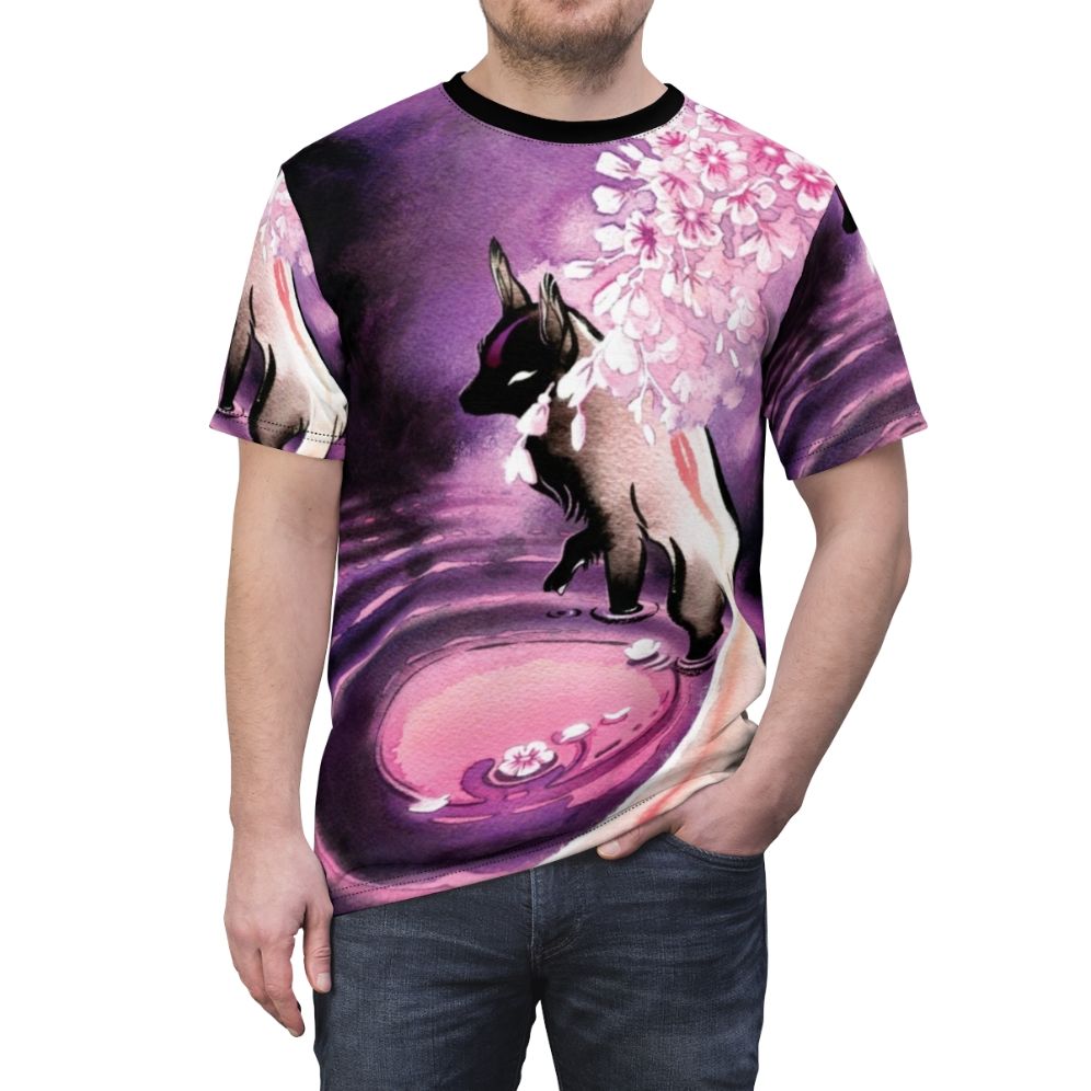 Stunning anime-inspired t-shirt design featuring a rose moon, sakura blossoms, and a kitsune fox - men front