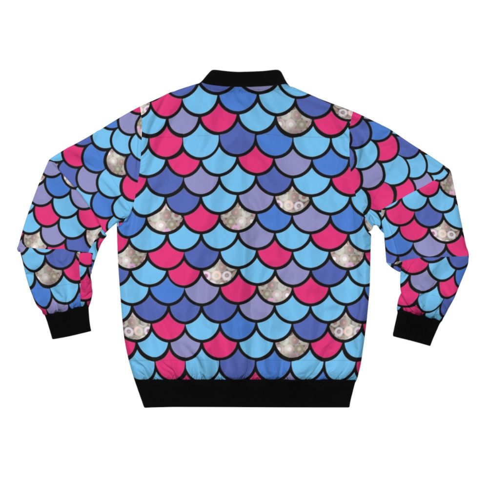 A vibrant bomber jacket with a printed design of rainbow fish scales, perfect for young children. - Back