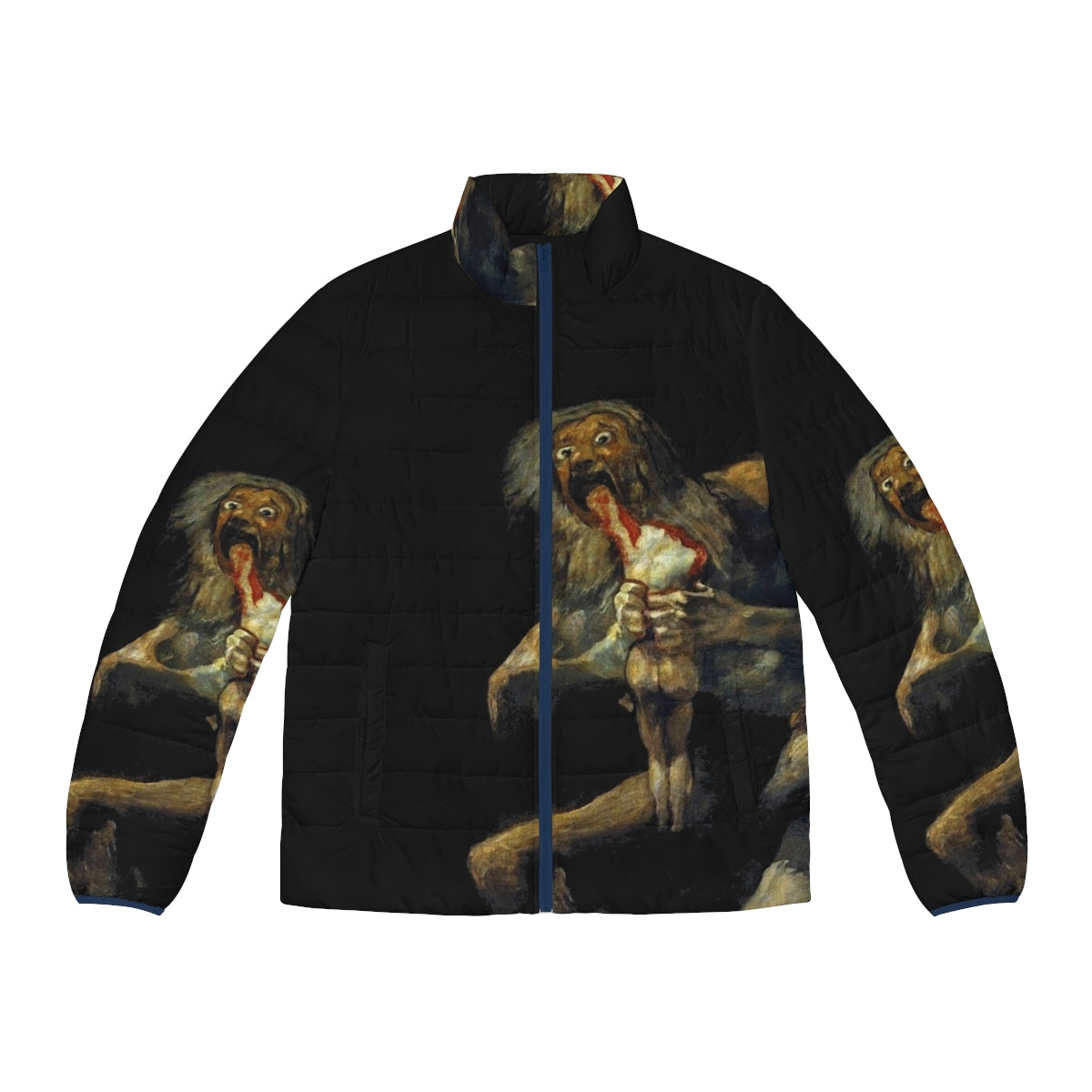 A puffer jacket featuring the chilling painting "Saturn Devouring His Son" by Spanish artist Francisco Goya.