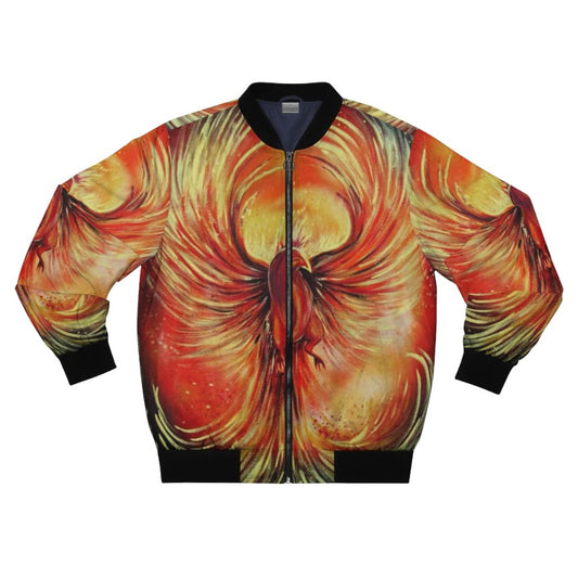 A stylish bomber jacket featuring a phoenix, a mythological bird that represents fire, rebirth, and the sun.