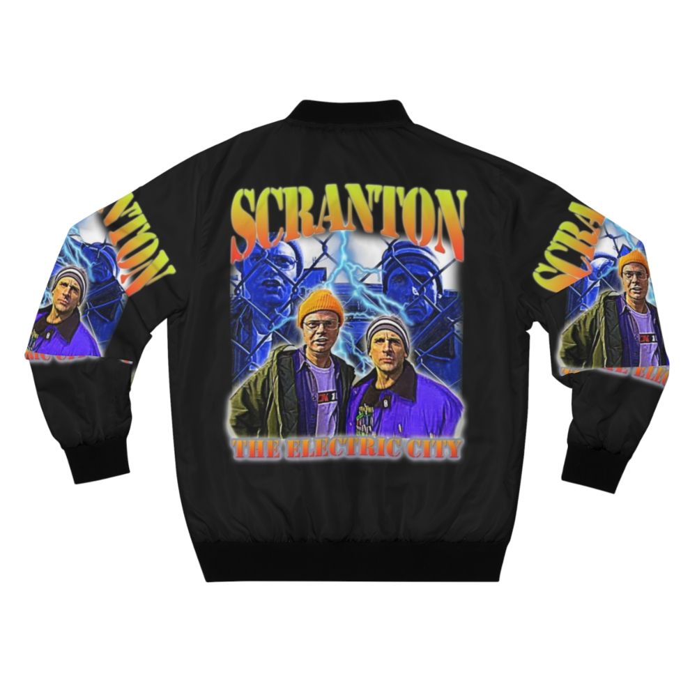 Vintage-inspired bomber jacket with "The Electric City" and "Scranton" graphics, inspired by The Office TV show. - Back