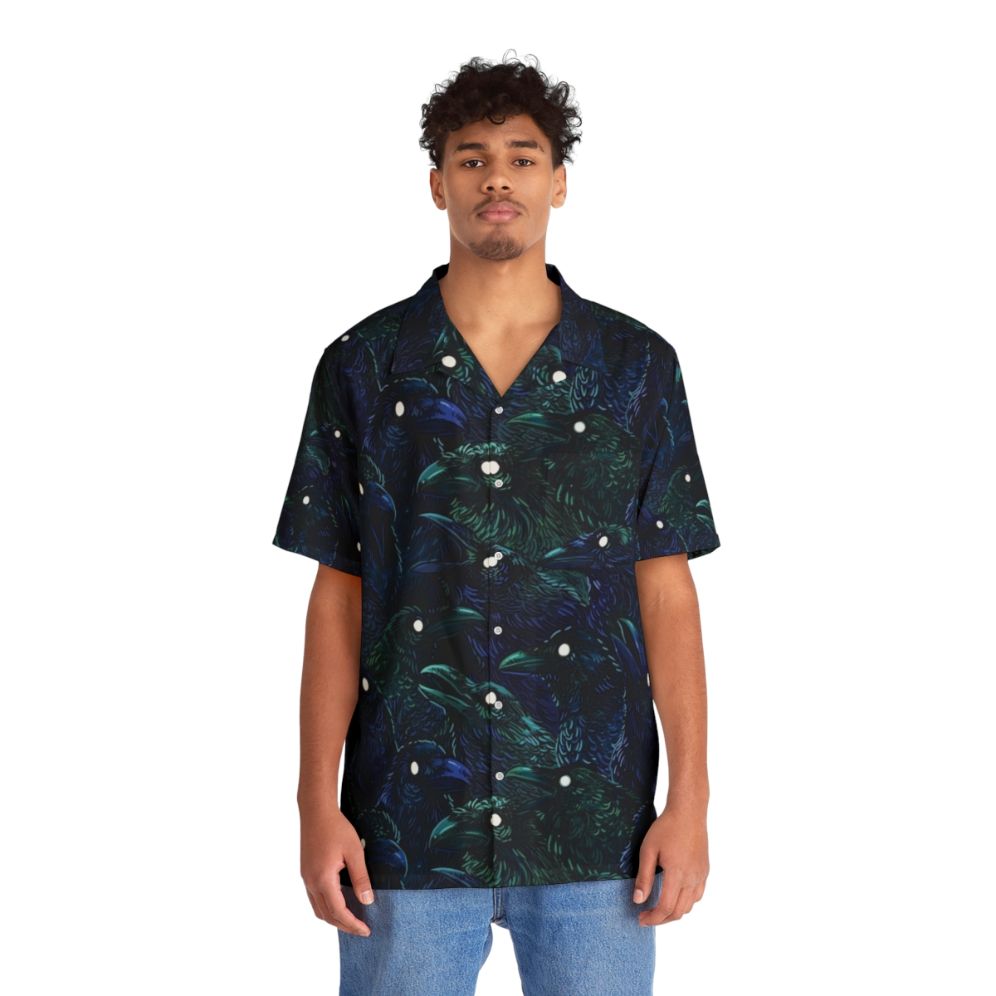 Raven pattern Hawaiian shirt with a gothic, spooky design - People Front