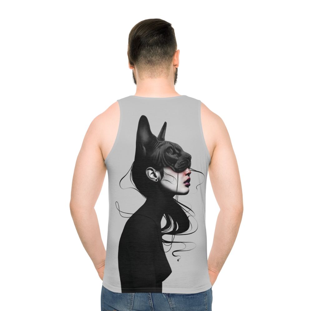 Unisex tank top featuring a black and white portrait - men back