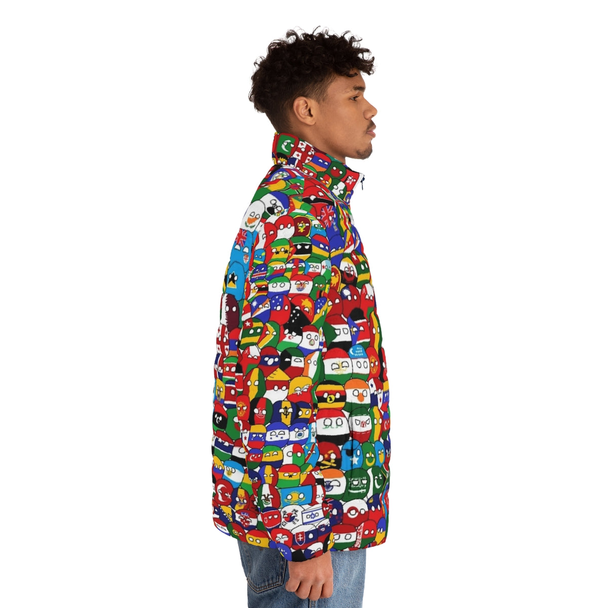 Puffer jacket with colorful countryball designs representing the globe and world countries - men side right