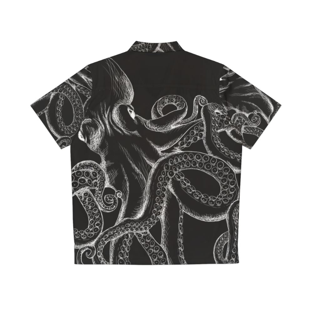 White octopus line art design on black Hawaiian shirt - Back