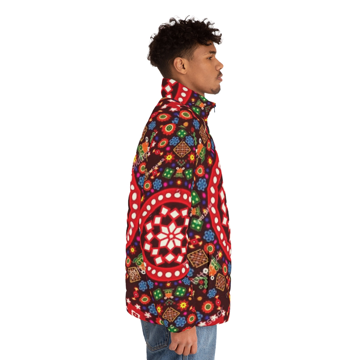 Sindhi culture design puffer jacket featuring traditional artwork - men side right