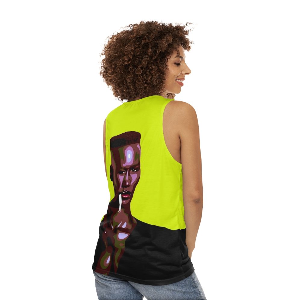 Iconic 80s leatherette tank top with stylized pop art portrait - women back