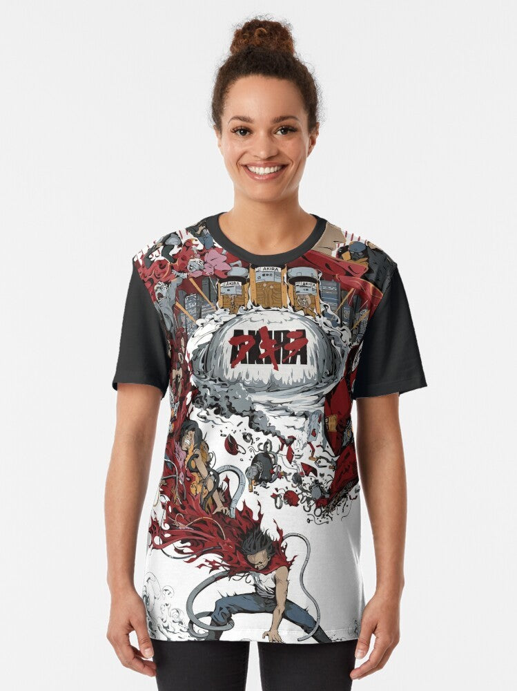 Akira anime graphic t-shirt featuring a vintage, post-apocalyptic sci-fi design. - Women