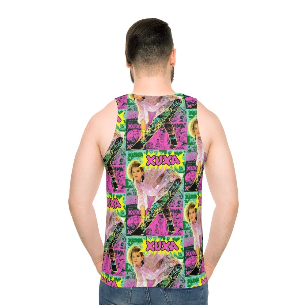 Retro Brazilian pop culture unisex tank top featuring Xuxa - men back