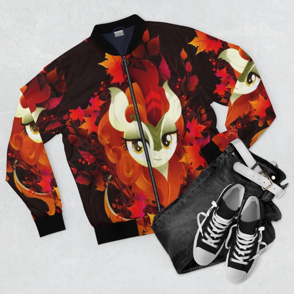 Autumn Blaze Bomber Jacket featuring My Little Pony Inspired Kirin/Qirin Design - Flat lay