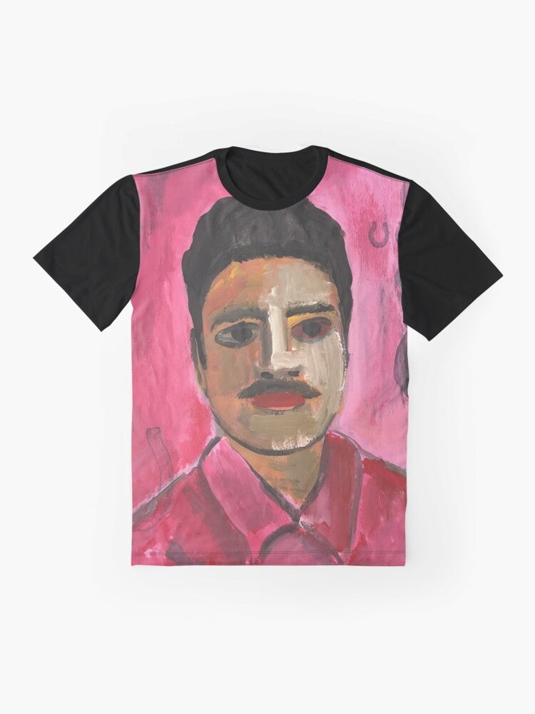 Graphic t-shirt featuring a portrait of a cowboy with a mustache, horse shoe, and impressionistic brush strokes - Flat lay