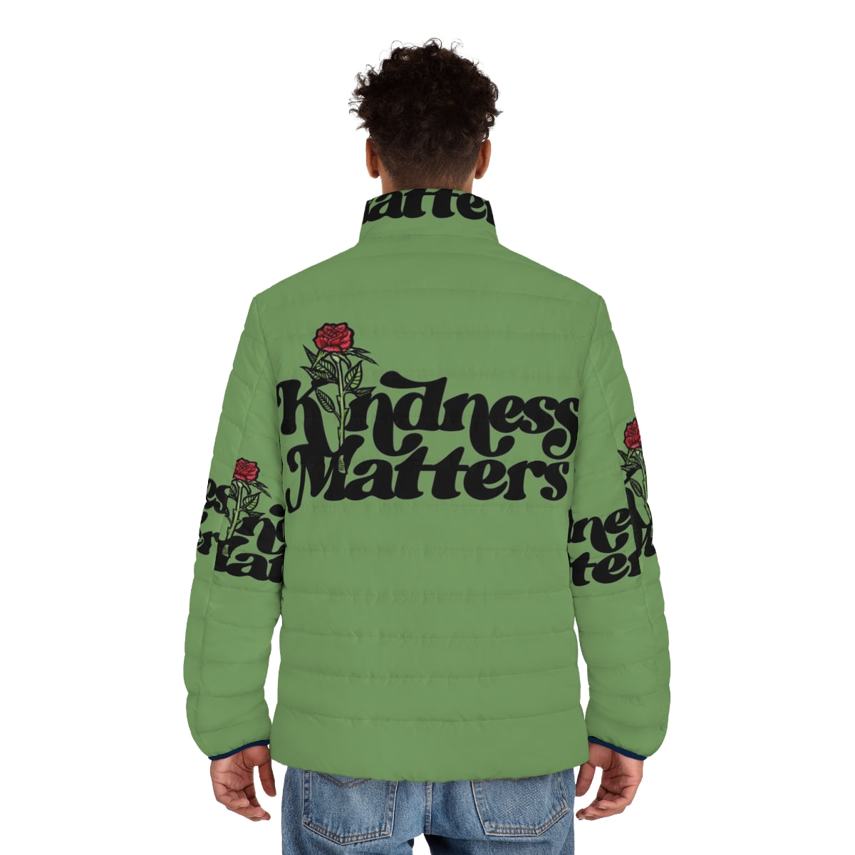 Kindness matters puffer jacket with rose print design - men back