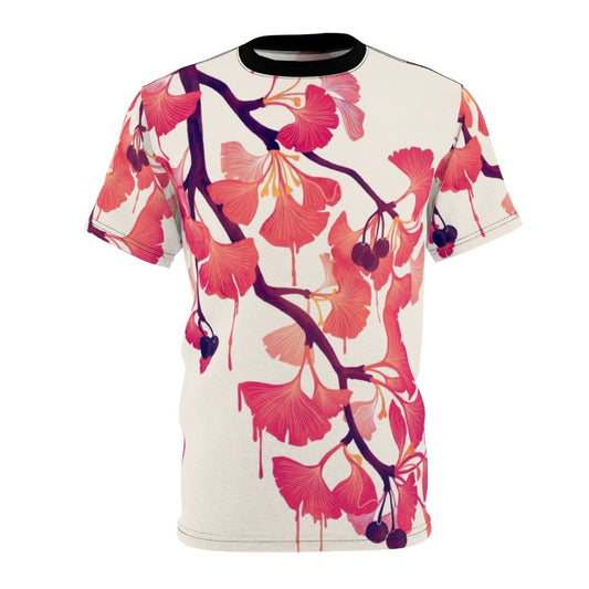 Artistic t-shirt featuring a surreal watercolor design of a ginkgo leaf in pink and purple tones.