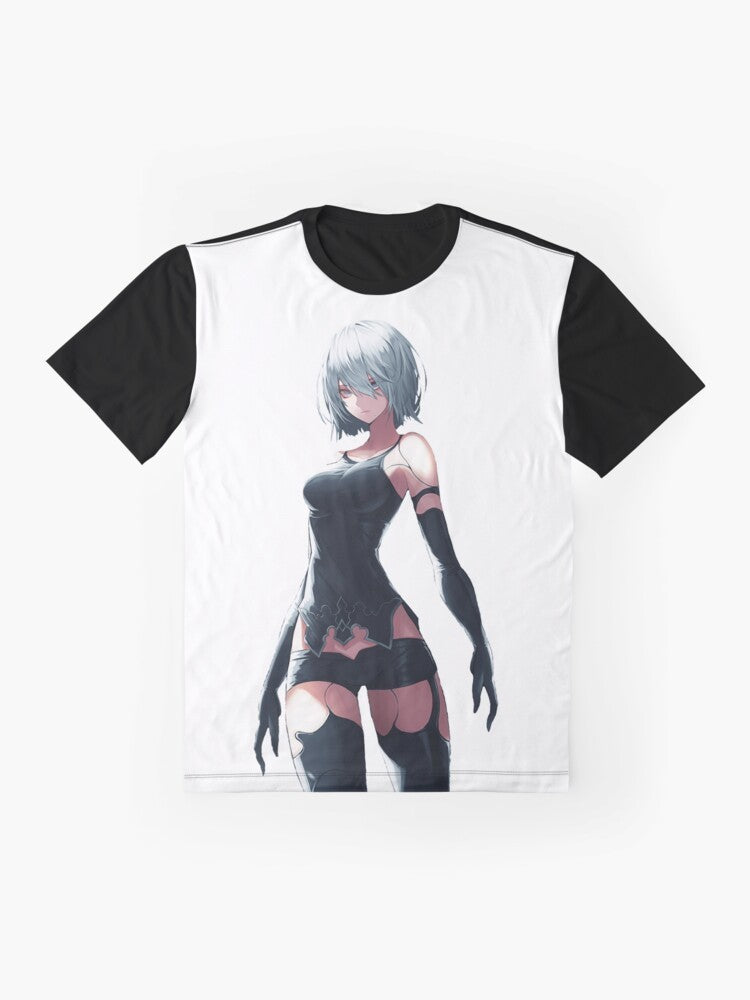 Nier Automata YoRHa Type A No.2 graphic t-shirt featuring androids from the video game - Flat lay