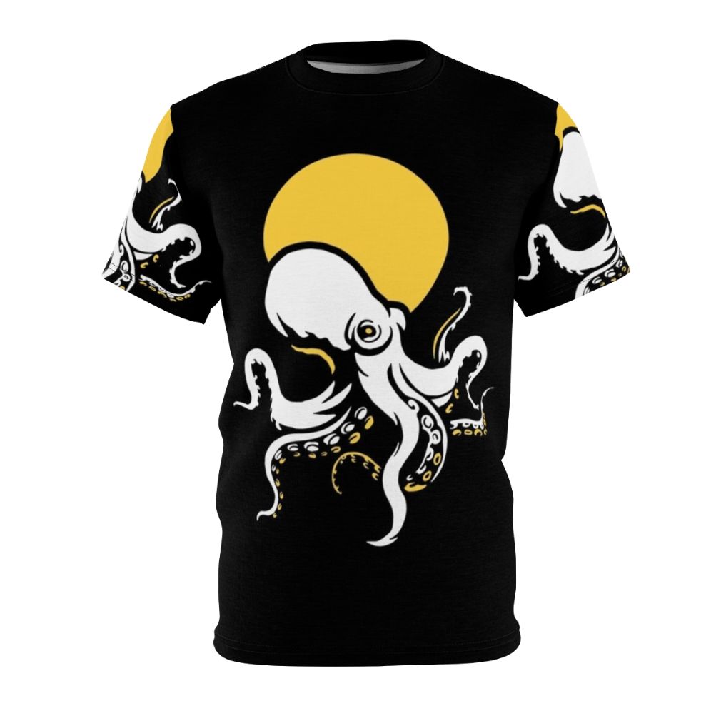 Photograph of a person wearing a t-shirt with a detailed, colorful octopus design