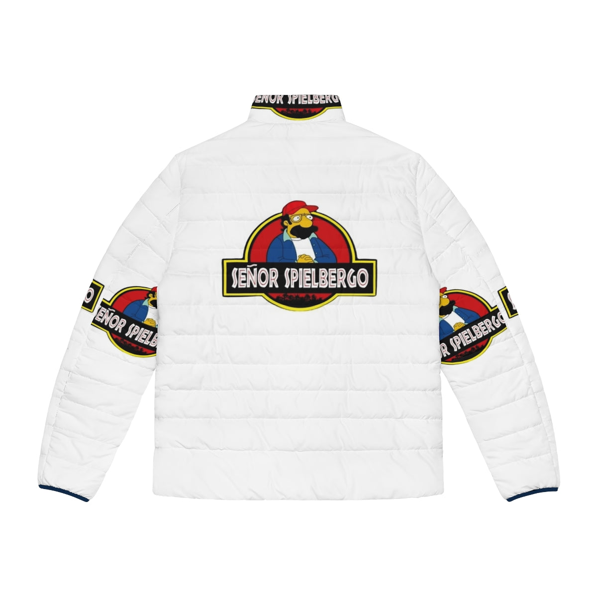 Mr Spielbergo Puffer Jacket, a humorous take on classic cartoon characters - Back